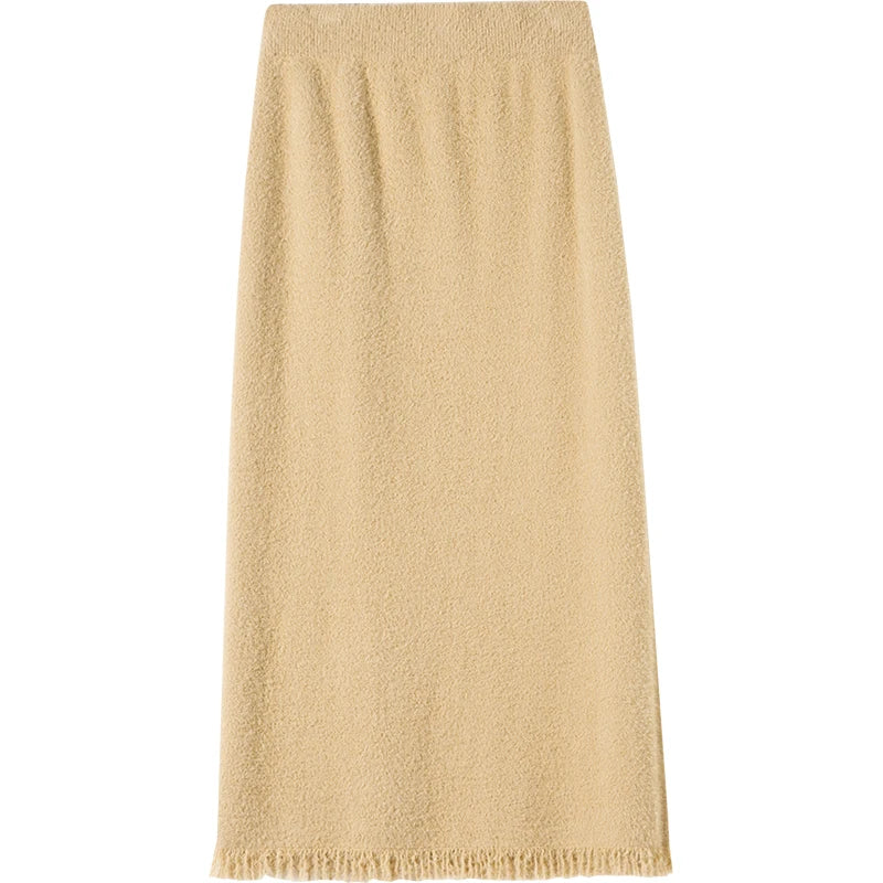 Korean Fashion Black White Tassels Elegant High Waist Long Skirt Women Khaki Slim Versatile Party Skirts 2024 New Autumn Winter