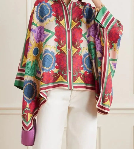 Stylish Selection Batwing Sleeves Flower Print Stand Collar Blouses Women Spring Summer High-low Buttoned Shirts Tops