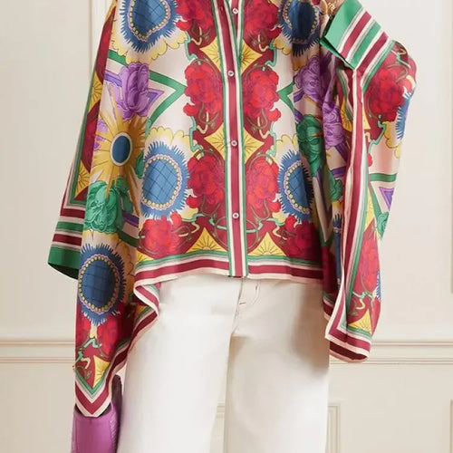 Load image into Gallery viewer, Stylish Selection Batwing Sleeves Flower Print Stand Collar Blouses Women Spring Summer High-low Buttoned Shirts Tops
