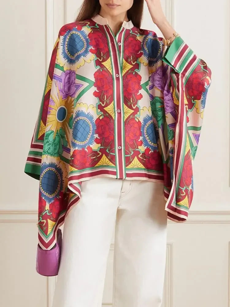 Stylish Selection Batwing Sleeves Flower Print Stand Collar Blouses Women Spring Summer High-low Buttoned Shirts Tops