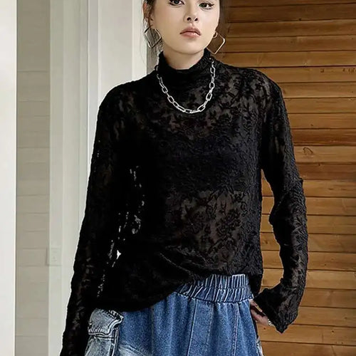 Load image into Gallery viewer, Women Black Thin Lace Perspective Elegant Big Size T-shirt New Turtleneck Long Sleeve Fashion Spring Autumn 2025 1DH7141
