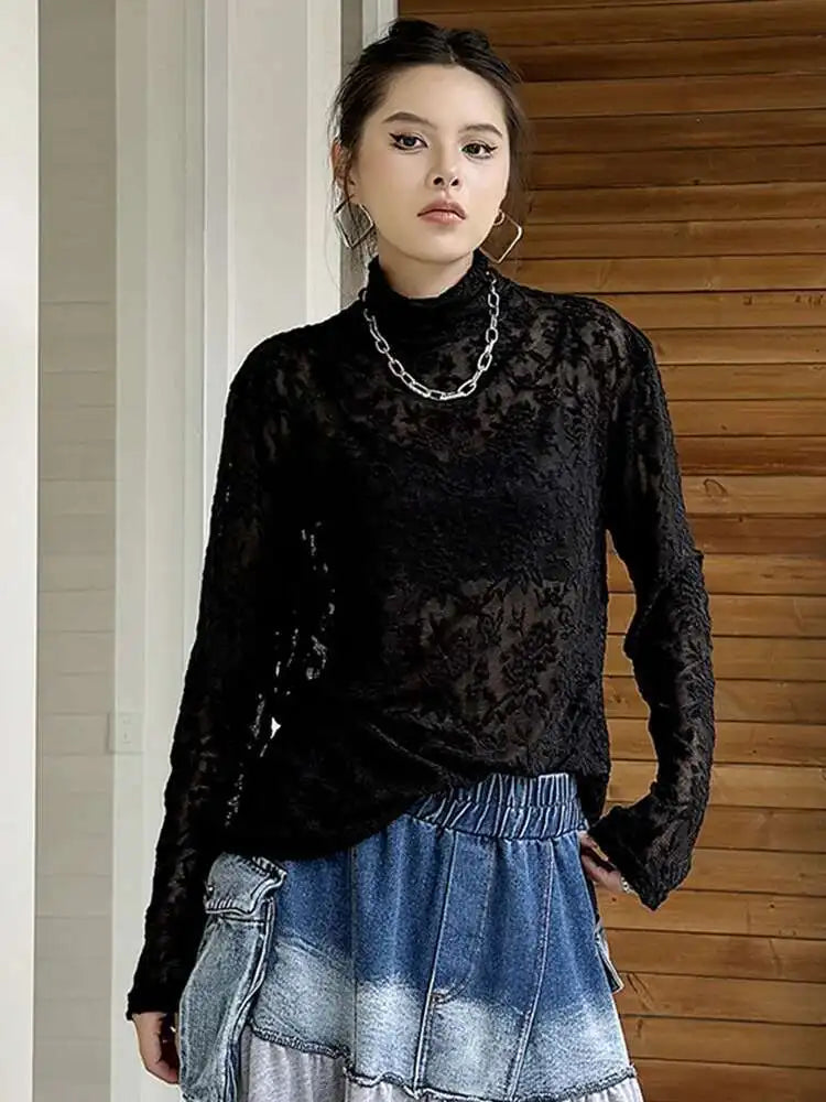 Women Black Thin Lace Perspective Elegant Big Size T-shirt New Turtleneck Long Sleeve Fashion Spring Autumn 2025 1DH7141