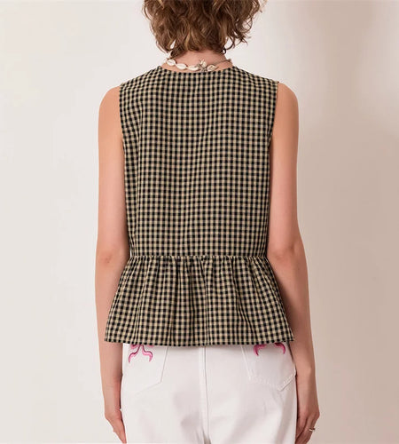Tank Tops y2k Women Clothes Plaid Print Round Neck Tie Front Sleeveless Peplum Shirts Fashion Vest 2000s Streetwear
