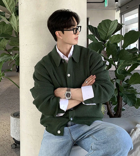 Men's Sweater New Korean Style Loose Knitted Cardigan Single Breasted Trendy Simple Turn-down Collar Pullover Top 9W1817