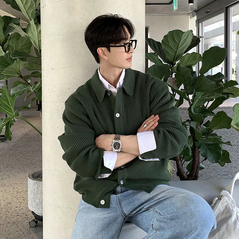 Men's Sweater New Korean Style Loose Knitted Cardigan Single Breasted Trendy Simple Turn-down Collar Pullover Top 9W1817