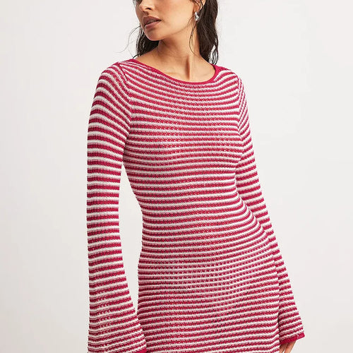 Load image into Gallery viewer, Striped Knit Mini Dress For Women Autumn Winter New O Neck Long Sleeve Contrast Color High Waist Beach Sexy Dress New
