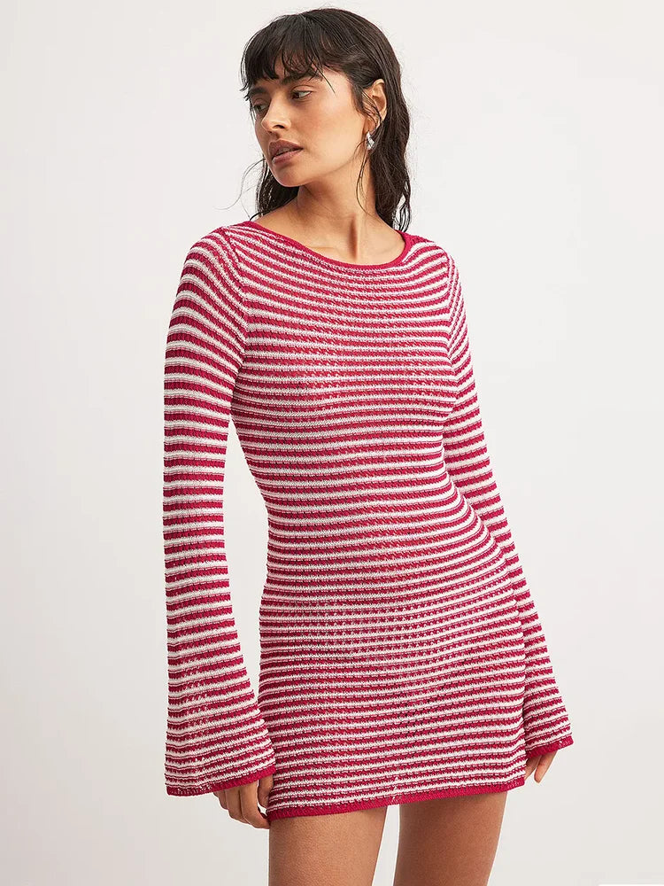 Striped Knit Mini Dress For Women Autumn Winter New O Neck Long Sleeve Contrast Color High Waist Beach Sexy Dress New