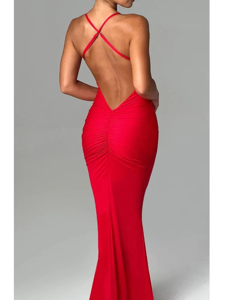Sexy Sleeveless Slim Fit Pleated Dress For Women Backless Tight Fitting Maxi Vestidos Elegant Party Club Evening Dress