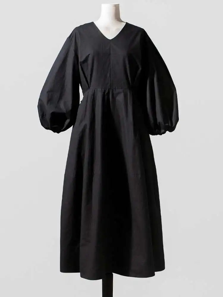 Women Kahki Elegant Big Size Long Dress New V-Neck Long Lantern Sleeve Loose Fit Fashion Tide Spring Autumn 2025  1DH0488