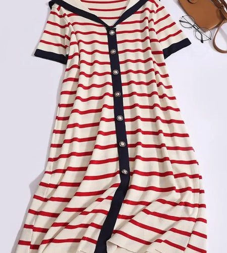 Summer Black White Striped Long Dress Women Red Patchwork Elegant Short Sleeve Fashion Single Breasted Holiday Dresses 2024 New