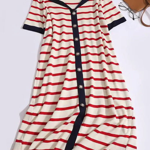 Load image into Gallery viewer, Summer Black White Striped Long Dress Women Red Patchwork Elegant Short Sleeve Fashion Single Breasted Holiday Dresses 2024 New
