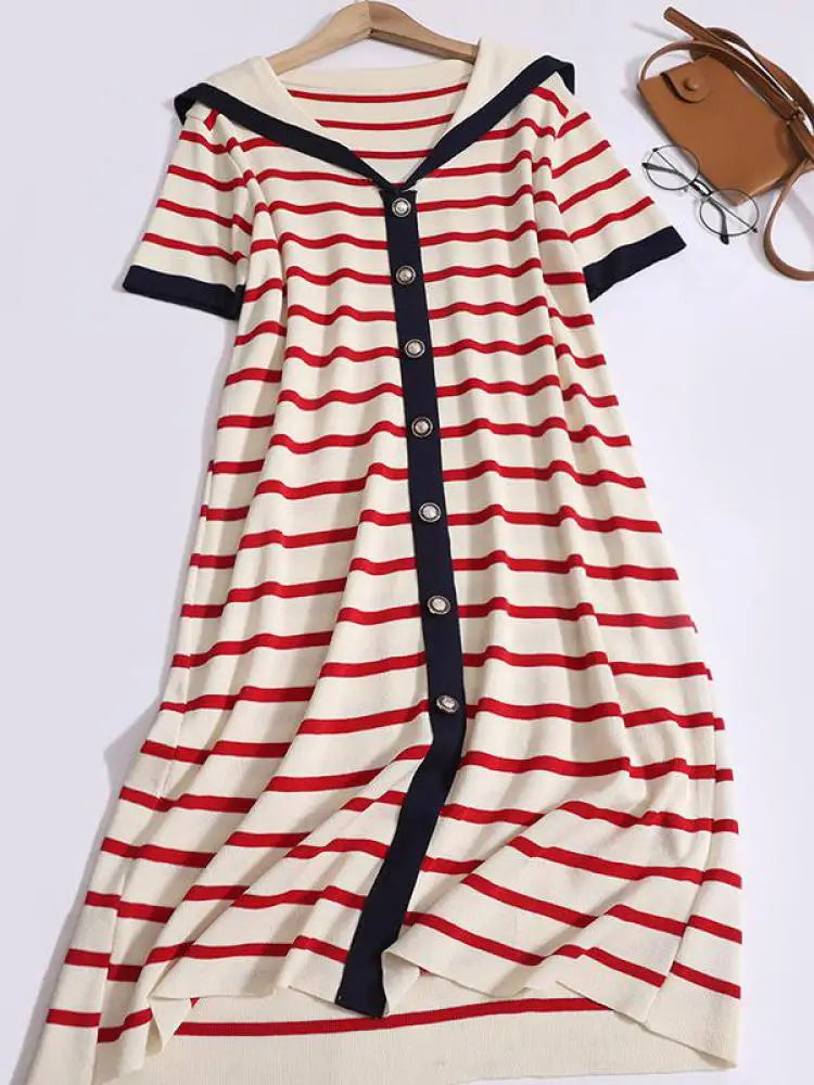 Summer Black White Striped Long Dress Women Red Patchwork Elegant Short Sleeve Fashion Single Breasted Holiday Dresses 2024 New