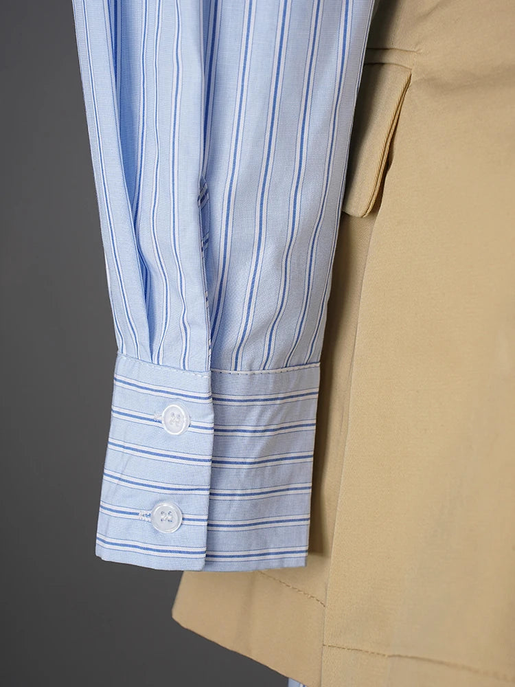 Women Blue Striped Pleated Elegant Big Size Blouse New Lapel Long Sleeve Shirt Fashion Tide Spring Autumn 2025 7AB1822