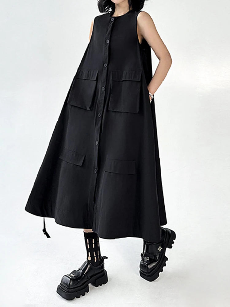 Women Black Pockets Big Size Casual Midi Vest Dress New Round Neck Sleeveless Fashion Tide Spring Autumn 2025 1DJ1167