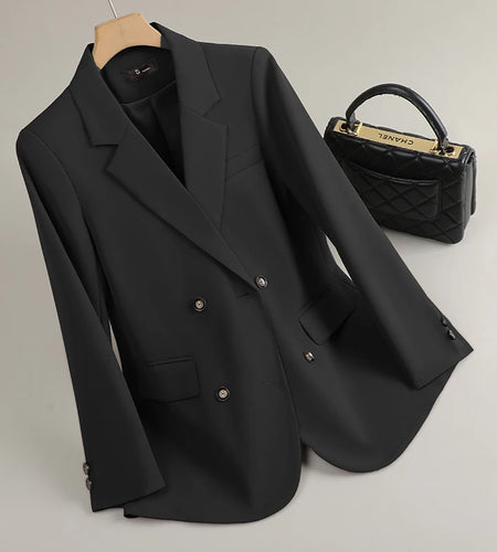 Korean Fashion Women's Black Brown Double Breasted Long Sleeve Blazer Coat 2025 Spring Autumn Rose Red Office Lady Festival Tops