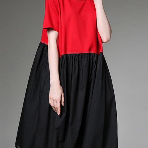 Load image into Gallery viewer, Women Black Red Color-block Big Size Knee Length Dress New Round Neck Short Sleeve Fashion Tide Spring Summer 2025 1DJ1509
