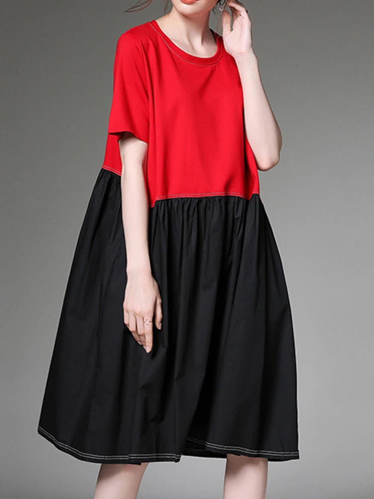 Women Black Red Color-block Big Size Knee Length Dress New Round Neck Short Sleeve Fashion Tide Spring Summer 2025 1DJ1509