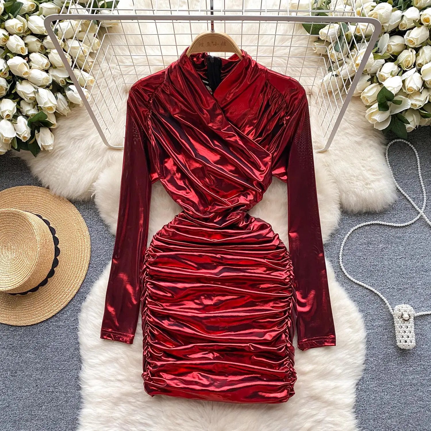 French Solid Elegant Office Ruched Holiday Party Wrapped Hip Mini Dress Women Short Pleated Zipper Evening Dress Popular Autumn