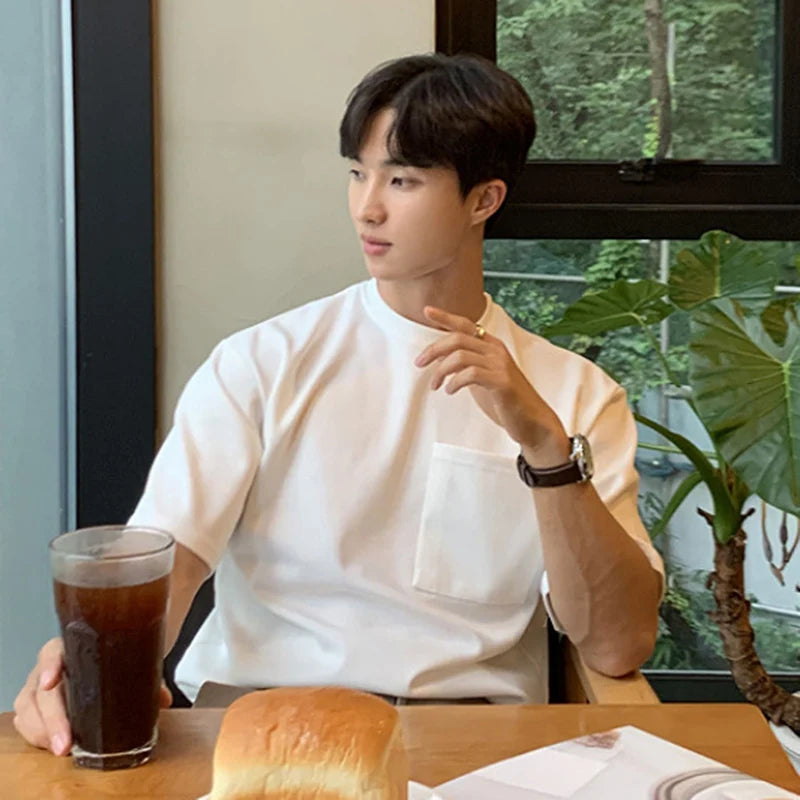 Summer Men's T-shirt Solid Color Pullover Casual Loose Round Neck Male Short Sleeve T-shirts New Top Pocket 2025 9W1358