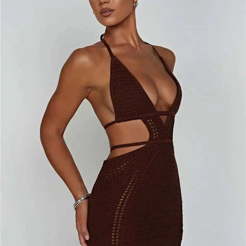 Load image into Gallery viewer, Hollow Out Halter Sexy Mini Dress Women Summer New Sleeveless Backless Skinny Club Party Knit Tank Dress Vestido

