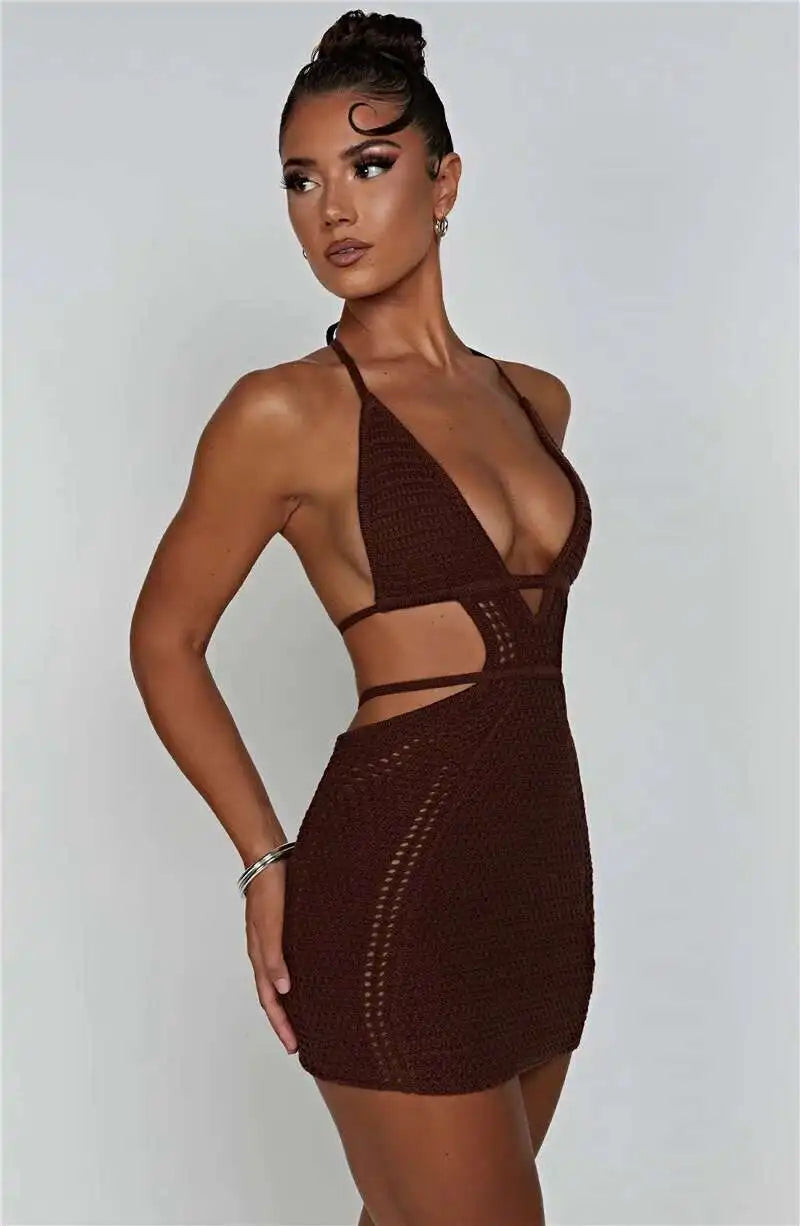 Hollow Out Halter Sexy Mini Dress Women Summer New Sleeveless Backless Skinny Club Party Knit Tank Dress Vestido