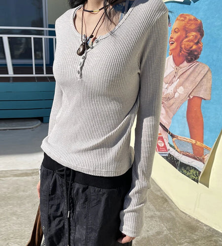 Korean Fashion Solid Buttons Autumn Tee Shirt Basic Casual Ribbed Knit Top Harajuku Women's T-shirt Long Sleeve Cloth