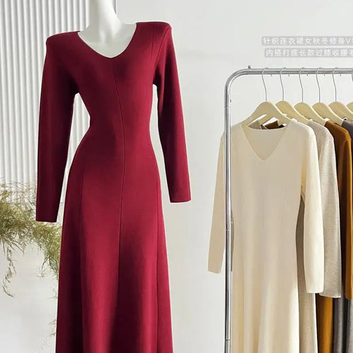 Load image into Gallery viewer, French Women's Autumn Winter Elegant Slim Knitted Sweater Dress Solid V-neck Long Sleeved Office Dress Fashion Simplicity Trendy
