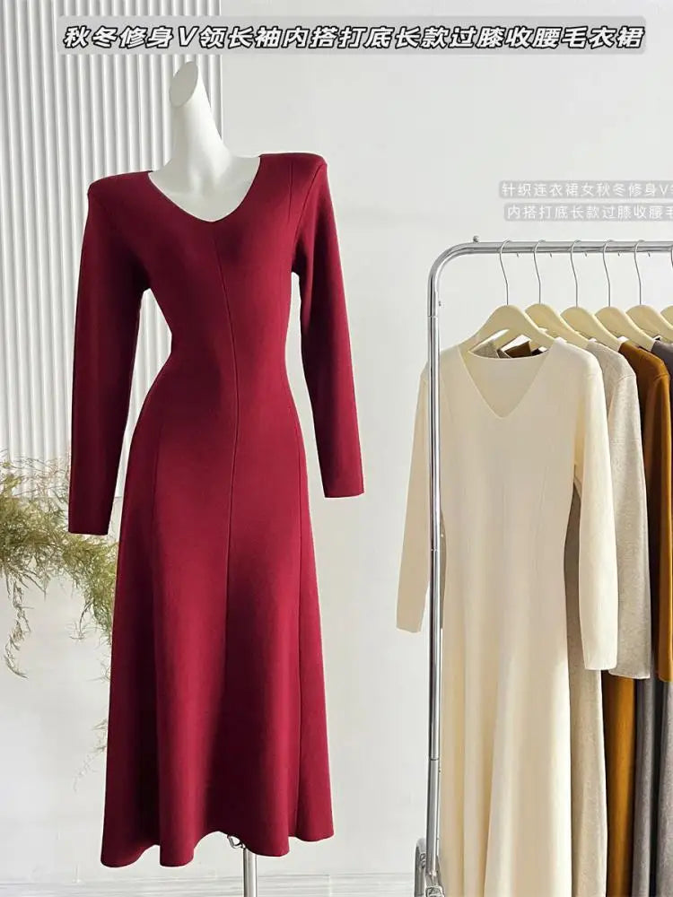 French Women's Autumn Winter Elegant Slim Knitted Sweater Dress Solid V-neck Long Sleeved Office Dress Fashion Simplicity Trendy
