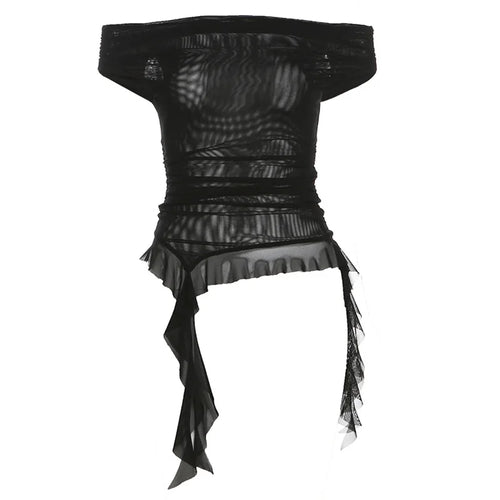 Load image into Gallery viewer, Summer Sexy Y2k Aesthetic Vintage Gauze T-Shirts Streetwear Slash Neck Slim Tshirts Harajuku Summer Irregular Ruffled Crop Tops
