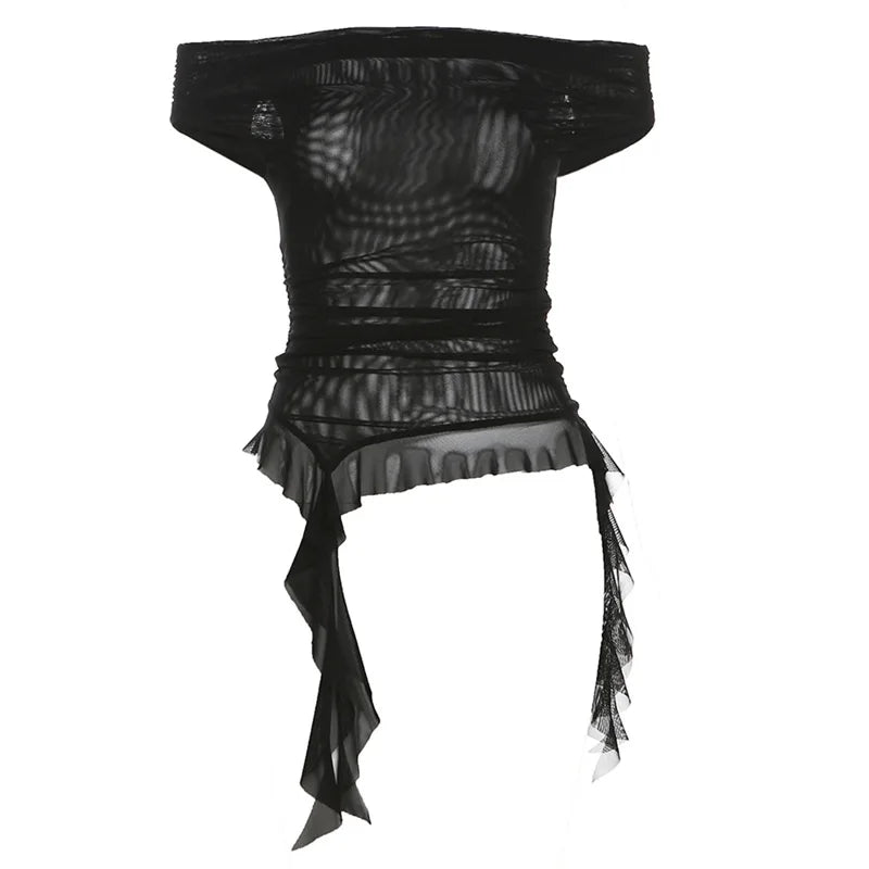 Summer Sexy Y2k Aesthetic Vintage Gauze T-Shirts Streetwear Slash Neck Slim Tshirts Harajuku Summer Irregular Ruffled Crop Tops