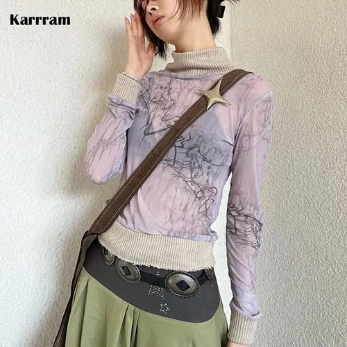 Load image into Gallery viewer, Japanese Y2k Mesh Knitted Tops Vintage Tattoo Print See Through T-shirt Grunge Aesthetics Turtleneck Sheer Tops Harajuku

