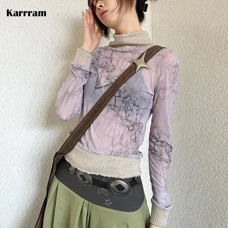 Japanese Y2k Mesh Knitted Tops Vintage Tattoo Print See Through T-shirt Grunge Aesthetics Turtleneck Sheer Tops Harajuku
