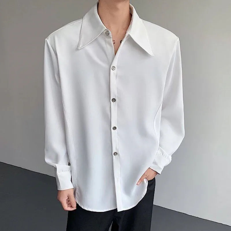 Men's Drape Shirts Male Long Sleeved Turn-down Collar New Cool Korean Single Breasted Silhouette Ice Silk Clothing 9W1383