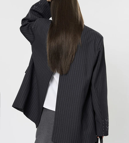 Women Black Gray Striped Back Zipper Slit Big Size Blazer New Lapel Long Sleeve Jacket Fashion Spring Autumn 2025 1DH9499