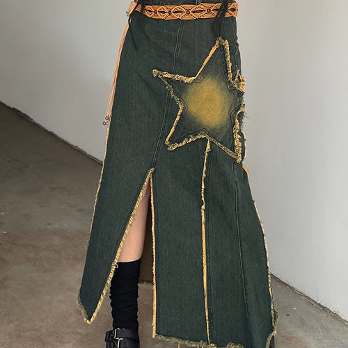 Load image into Gallery viewer, Asymmetrical Vintage Star Stitching Low Waist Denim Skirt Women Tassel Y2K Midi Skirt Split Cute Aesthetic Outfits
