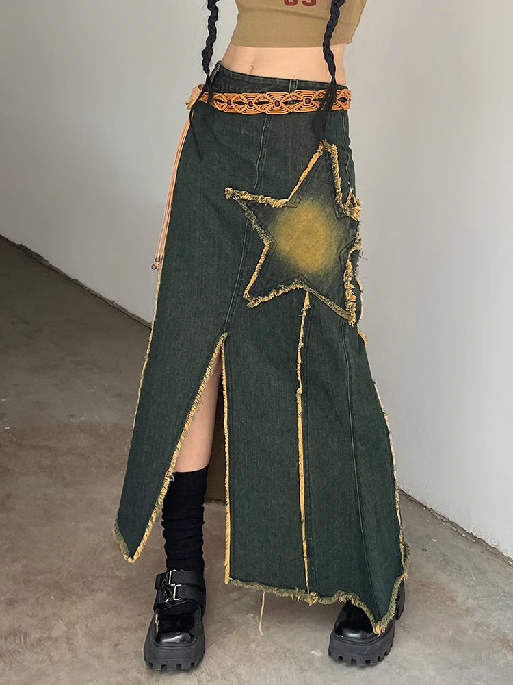 Asymmetrical Vintage Star Stitching Low Waist Denim Skirt Women Tassel Y2K Midi Skirt Split Cute Aesthetic Outfits