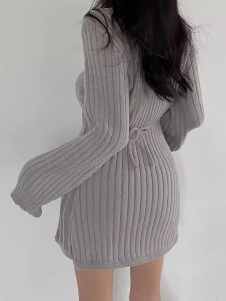 Autumn Winter Knit Knitted Sweater Dress Women Vintage Casual Solid Slim Wrap Long Sleeve Mini Short Dresses Party