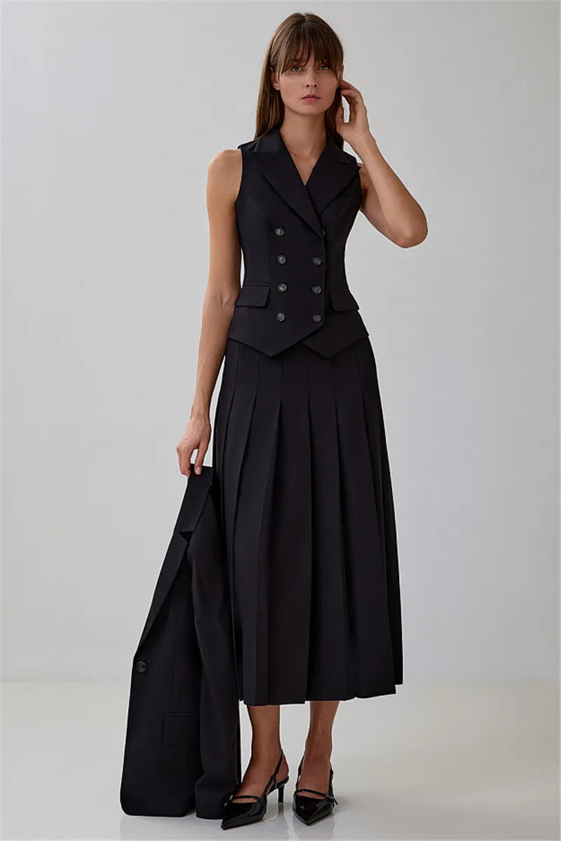 Autumn Two Piece Sets Women Double-breasted Vest And Split Skirt Matching Sets Fashion Long Pleated Skirt Two Piece Set