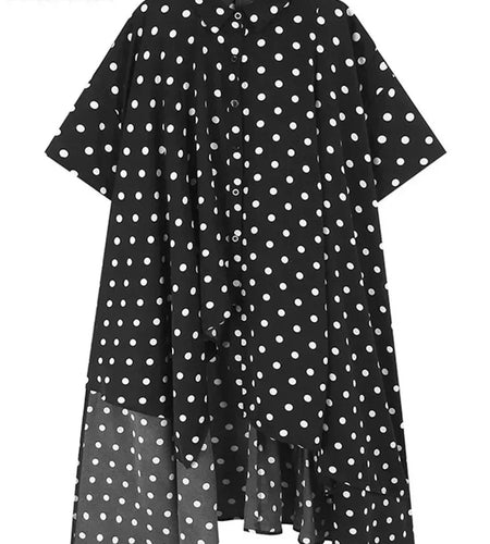 Women Black Dot Printed Irregular Hem Big Size Blouse New Lapel Short Sleeve Shirt Fashion Tide Spring Summer 2025 1DH6310