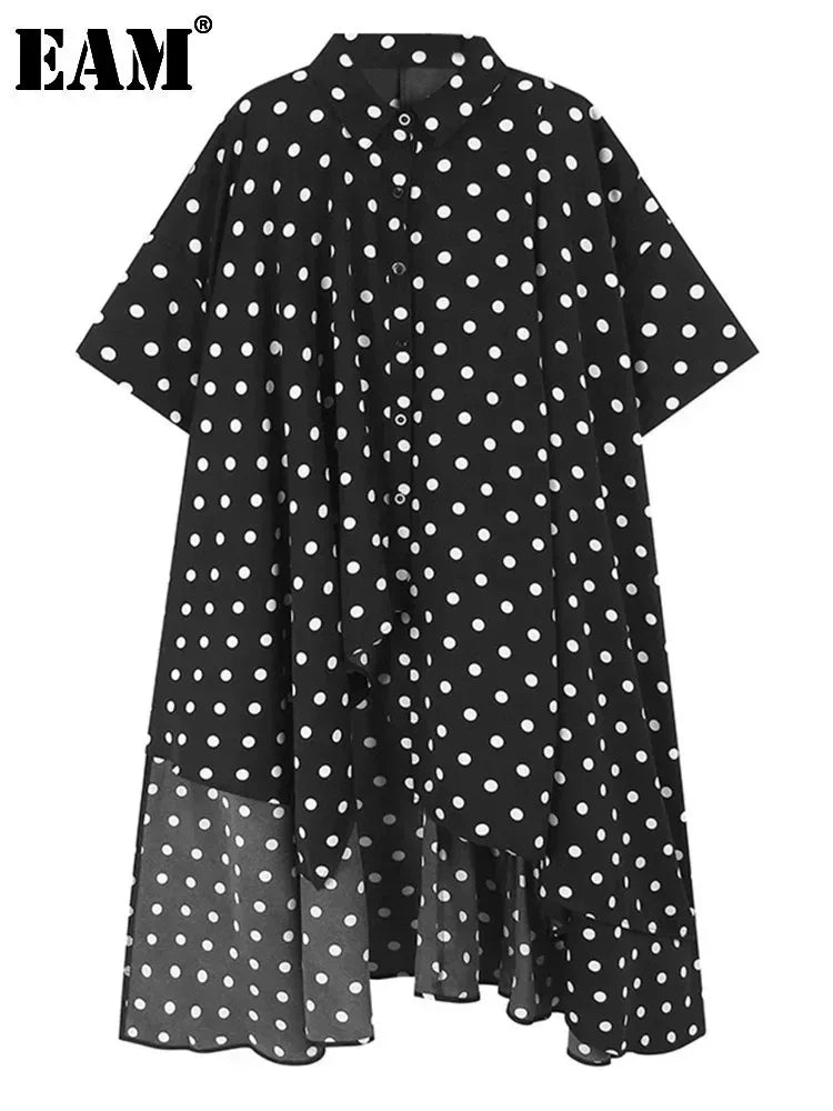 Women Black Dot Printed Irregular Hem Big Size Blouse New Lapel Short Sleeve Shirt Fashion Tide Spring Summer 2025 1DH6310