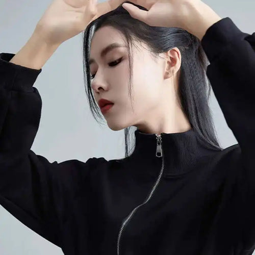 Load image into Gallery viewer, Women Black Zipper Slit Big Size Midi Dress New Half High Collar Long Sleeve Loose Fit Fashion Spring Autumn 2025 1DH2442
