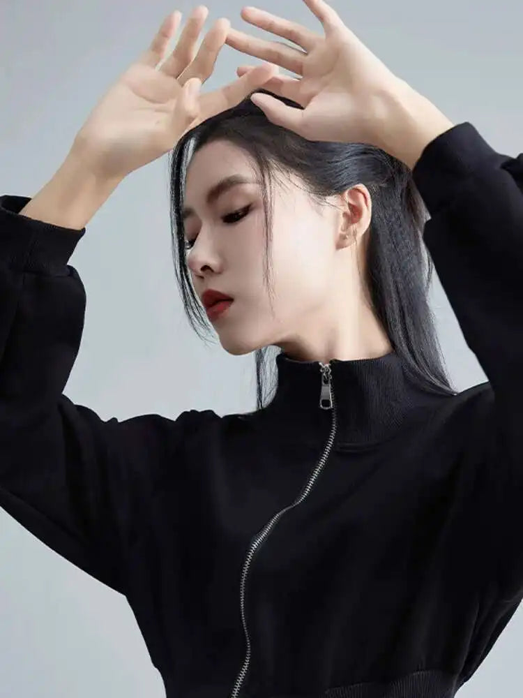 Women Black Zipper Slit Big Size Midi Dress New Half High Collar Long Sleeve Loose Fit Fashion Spring Autumn 2025 1DH2442