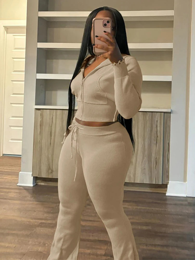 Sporty 2 Piece Set Women Hooded Cardigan Crop Jacket+Drawstring Straight Pants Fit Simple Classic Basic Casual Tracksuit