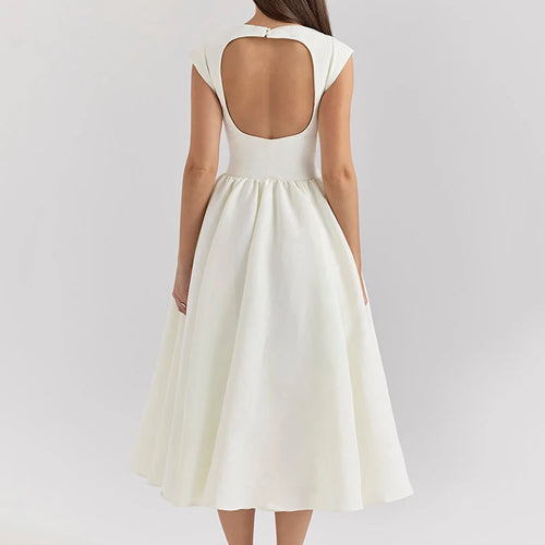 Load image into Gallery viewer, White Backless A-line Sexy Maxi Dress For Women Gown Solid Hollow Out Sleeveless High Waist Club Pleated Dress Elegant
