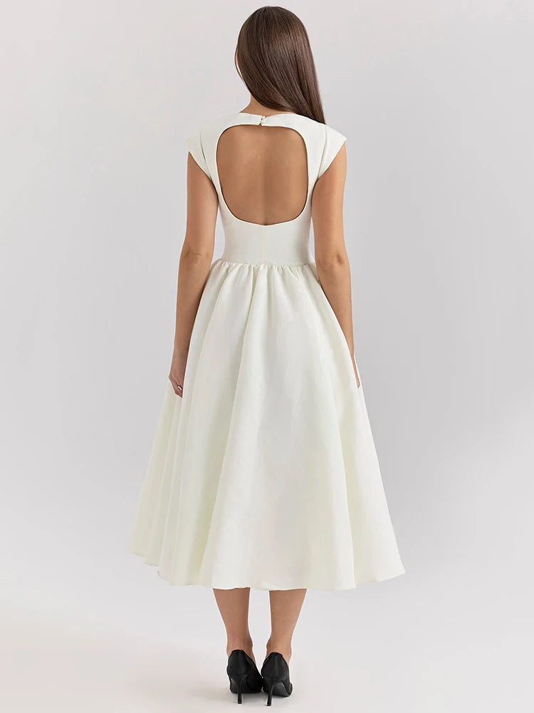 White Backless A-line Sexy Maxi Dress For Women Gown Solid Hollow Out Sleeveless High Waist Club Pleated Dress Elegant