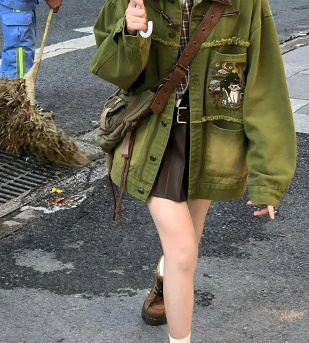 Spring Cartoon Embroidery Jean Jackets Women Zipper Y2k Aesthetic Loose Casual Tassels Coats Harajuku Single Breasted Grunge Top