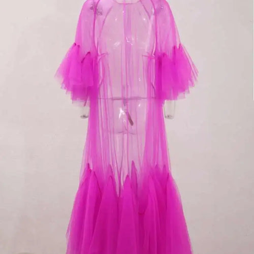 Load image into Gallery viewer, Women Purple Ruffles Mesh Perspective Big Size Long Dress New Round Neck Half Sleeve Fashion Spring Summer 2025 JR7711
