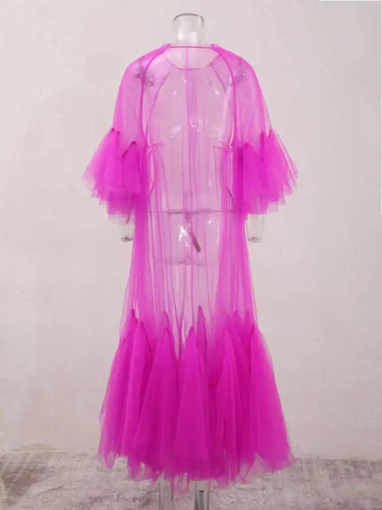 Women Purple Ruffles Mesh Perspective Big Size Long Dress New Round Neck Half Sleeve Fashion Spring Summer 2025 JR7711