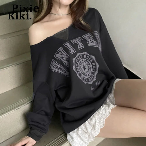 Load image into Gallery viewer, Trashy Y2k Graphic Sweatshirts Off Shoulder Long Sleeve Tees Baggy Hoodies Pullovers Women Clothing 2024 P84-CC24
