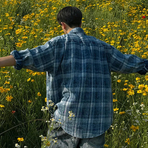 Load image into Gallery viewer, Men's Long Sleeve Shirts Plaid Male Spring Loose Single Breasted Casual Top Korean Trendy Lapel Clothing Tide 9W1486
